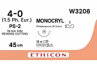 Монокрил W3206 4/0, 45 см, игла Прайм обр.-реж. 19 мм, 3/8, н/окр. (12шт.)