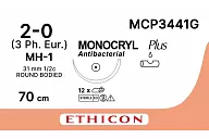Монокрил Плюс MCP3441G 2/0, 70 см, игла Кол. 31 мм, 1/2 окружности, фиол. (12шт.)