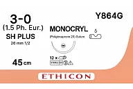 Монокрил Y864G 3/0, 8 х 45 см, игла Кол. 26 мм, 1/2, фиолет. (12шт.)
