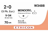 Монокрил W3488 2/0, 70 см, игла Кол.-реж. 36 мм, 1/2, фиолет. (12шт.)