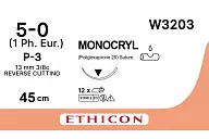 Монокрил W3203 5/0, 45 см, игла Прайм обр.-реж. 13 мм, 3/8, н/окр. (12шт.)