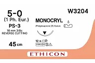 Монокрил W3204 5/0, 45 см, игла Прайм обр.-реж. 16 мм, 3/8, н/окр. (12шт.)