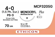 Монокрил Плюс MCP3205G 4/0, 70 см, игла Прайм обр.-реж. 16 мм, 3/8, н/окр. (12шт.)