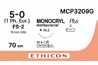 Монокрил Плюс MCP3209G 5/0, 70 см, игла Обр.-реж. 19 мм, 3/8, н/окр. (12шт.)