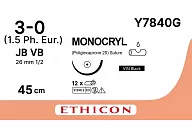 Монокрил Y7840G 3/0, 8 х 70 см, игла Кол.ВизиБлэк 26 мм, 1/2, фиолет. (12шт.)