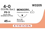 Монокрил W3205 4/0, 45 см, игла Прайм обр.-реж. 16 мм, 3/8, н/окр. (12шт.)