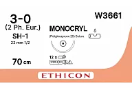 Монокрил W3661 3/0, 70 см, игла Кол. 22 мм, 1/2, фиолет. (12шт.)